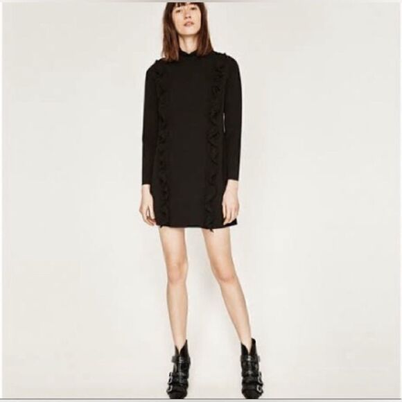 Chic Elegance: Zara Black Ruffle Long Sleeve Mock Neck Dress - Picture 3 of 6